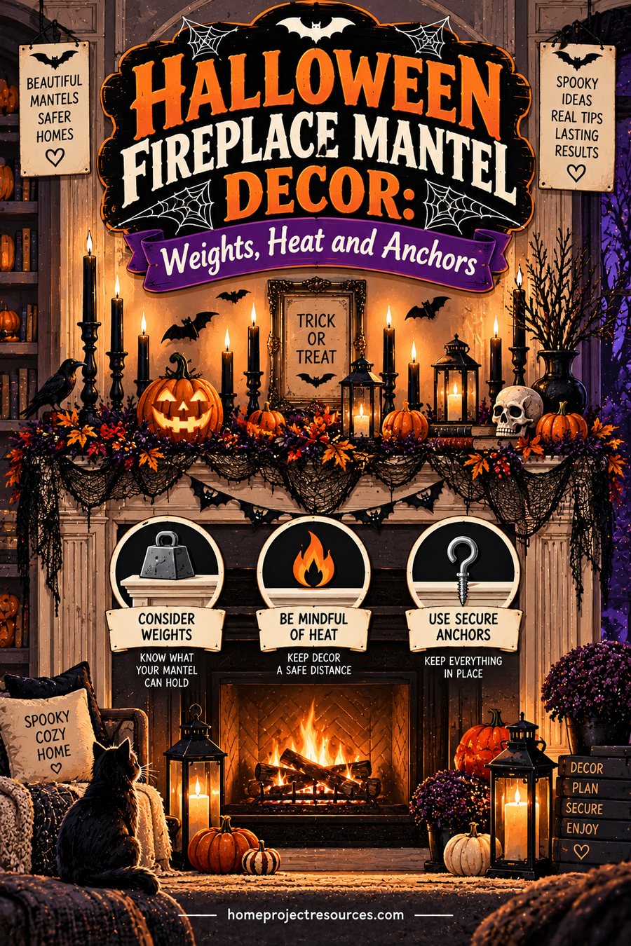 Halloween Fireplace Mantel Decor: Weights, Heat and Anchors